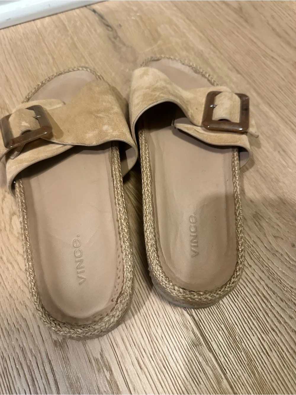 Vince Tan Suede Espadrille Slide with Tortoiseshell Buckle